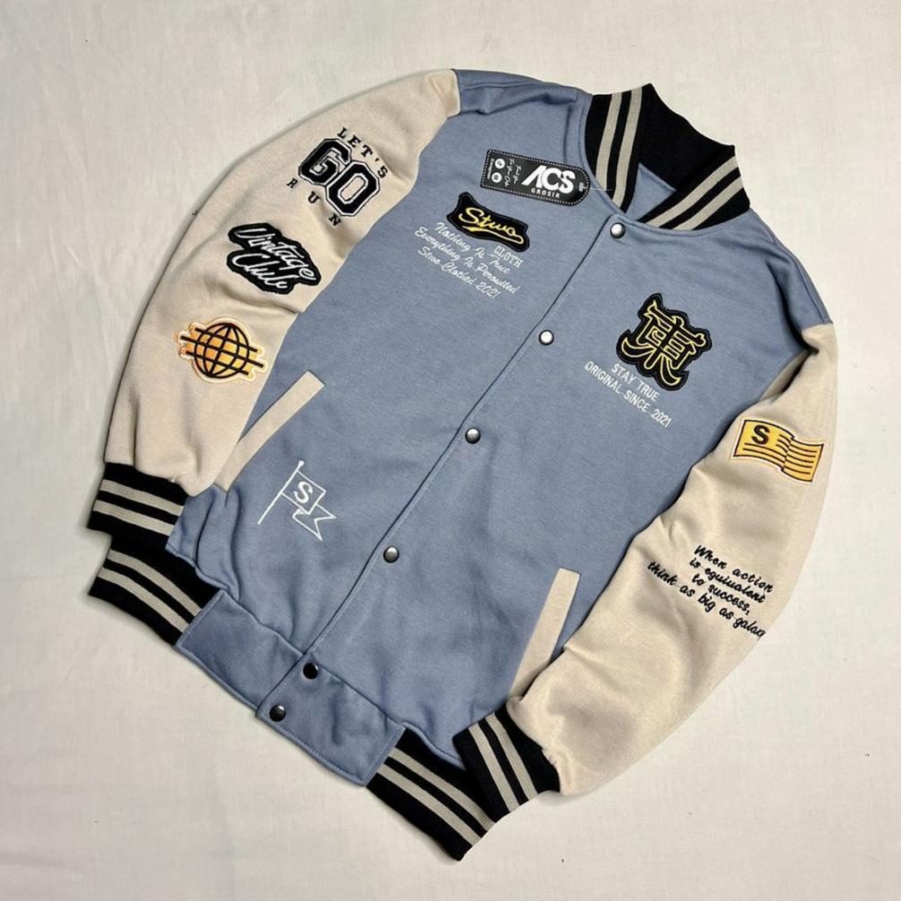 RECOMMENDED Jaket Varsity Base Ball Full Bordir Lengan Panjang Bahan Fleece Tebal Adem