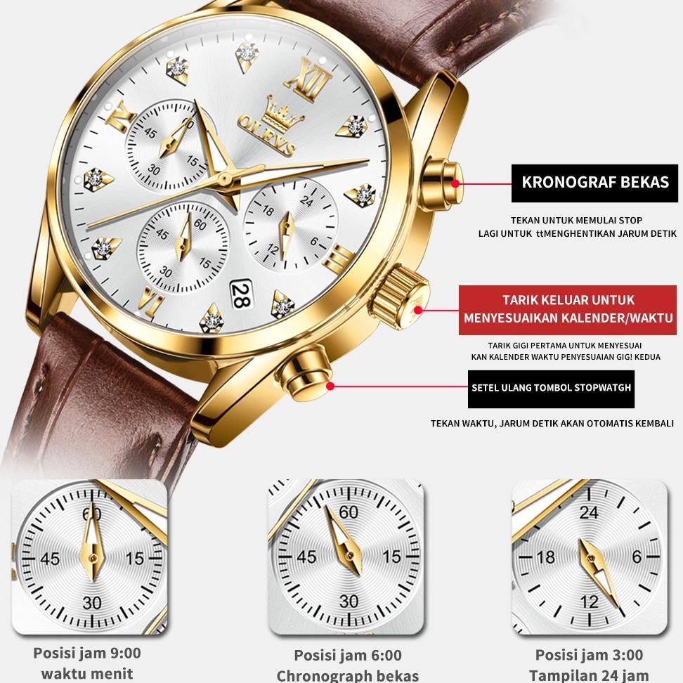 TERMURAH OLEVS Jam Tangan Wanita Anti Air Original Kulit Chrono Aktif Women Watch Analog Model 5523