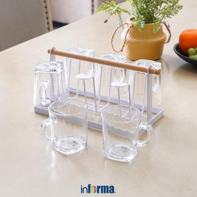 Informa Appetite 230 Ml Set Milford Gelas Kaca Dengan Rak - Putih Organiser Tempat Penyimpanan Alat 