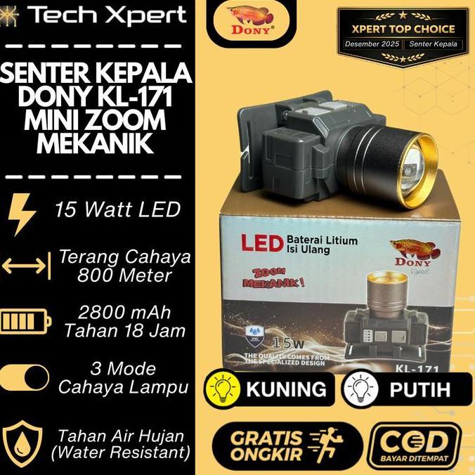 Escursio- Senter Kepala Led Dony 15 Watt Kl-171 "Mini Zoom Mekanik" Ori Anti Air Tahan Lama Outdoor