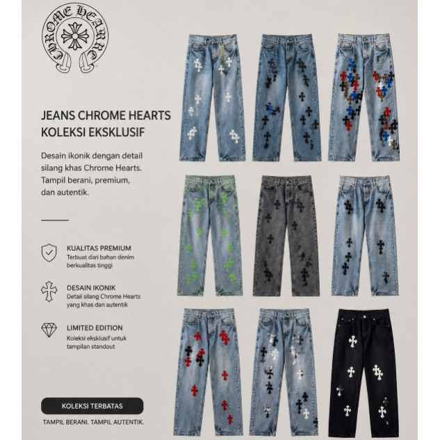 Chrome Hearts Edisi Terbatas Kota Celana Jeans Retro Celana Jeans Cuci Pudar Tampilan Usang Sulam Sa