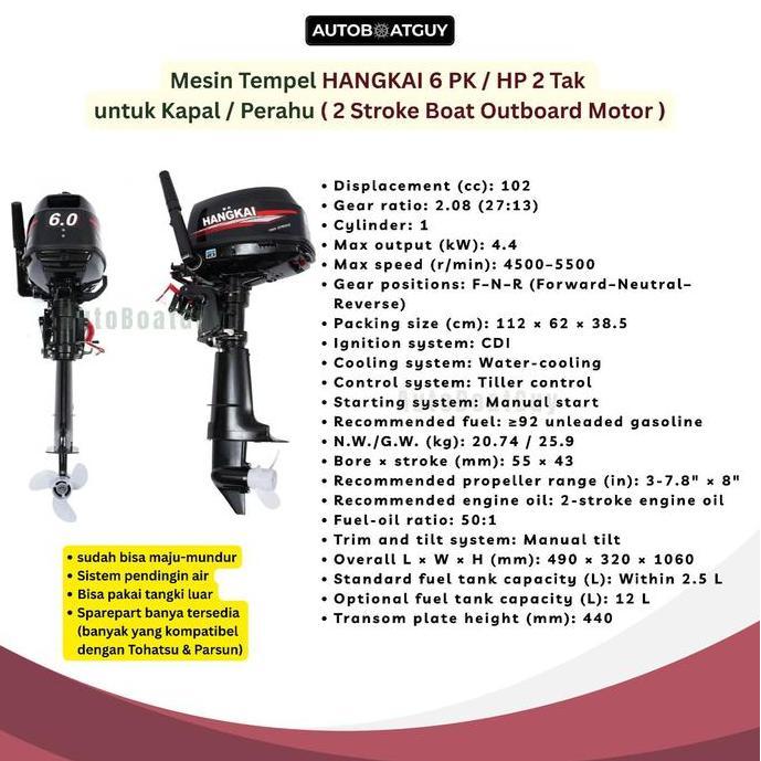 Mesin Tempel HANGKAI 6 PK / HP 2 Tak  untuk Kapal / Perahu ( 2 Stroke Boat Outboard Motor )