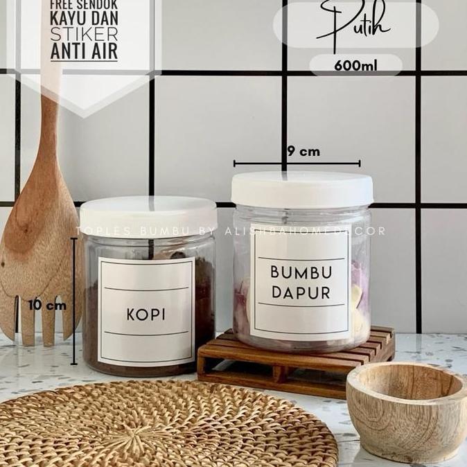 Tmpt- Toples Bumbu Dapur Tutup Putih (Plastik) 11 Pcs Paketan Model Minimalis Kitchenre Kayu