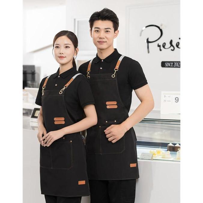 New- Cod Apron Celmek Celemek Masak Barista Coffee Cafe Shop Dapur Model Kantong Polos Anti Air Dan 