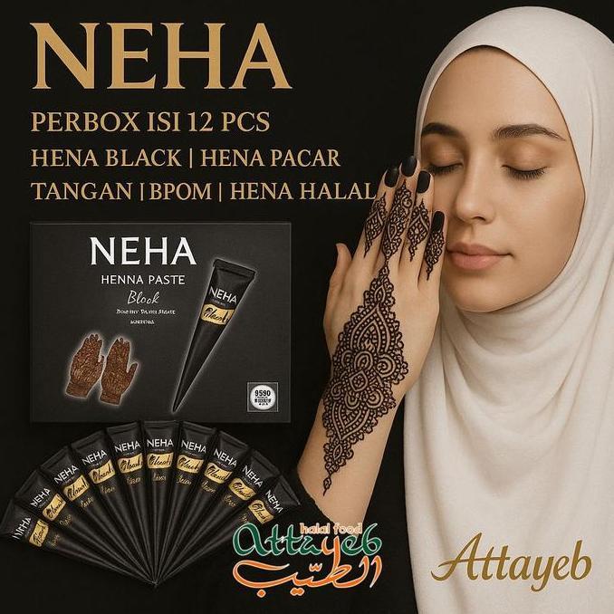 PERBOX ISI 12 NEHA HENA Body Paint Cone PACAR Tangan Henna BLACK Hena Fas Colour Henna HITAM Halal B