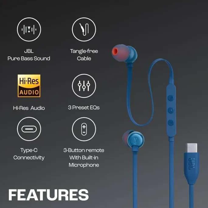 JBL Tune 310C Wired Earphone Type C Original Harman Super Bass