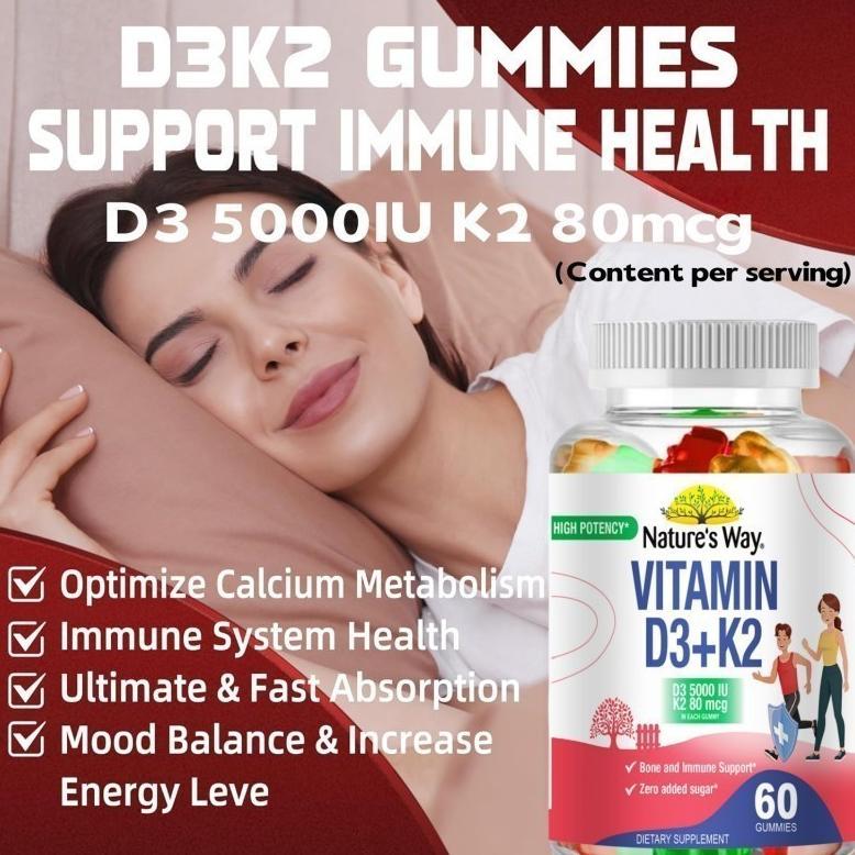 Natures Way Sugar-Free Vitamin D3 K2 Gummies 5000 Iu - Dukungan Kekebalan & Tulang - Suplemen Vitami