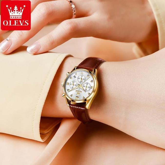 Ore- Olevs Jam Tangan Nita Anti Air Multifungsi Luminous Kalender Kulit Casual Putih Chrono Aktif Wo