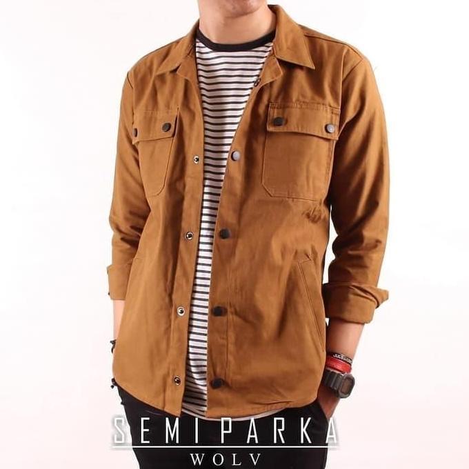 Riore- Kemeja Semi Parka Uniseks Hijau Army Lengan Panjang Bahan Canvas S M L Xl Xxl Casual Keren / 