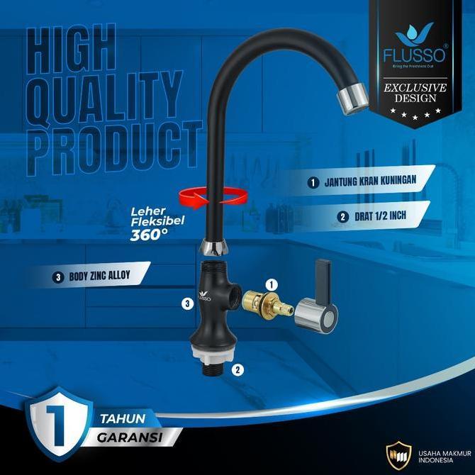 Kran Sink Cuci Piring Hitam Leher Angsa Filter System Bergaransi Jantung Kuningan FLUSSO | Kran Dapu