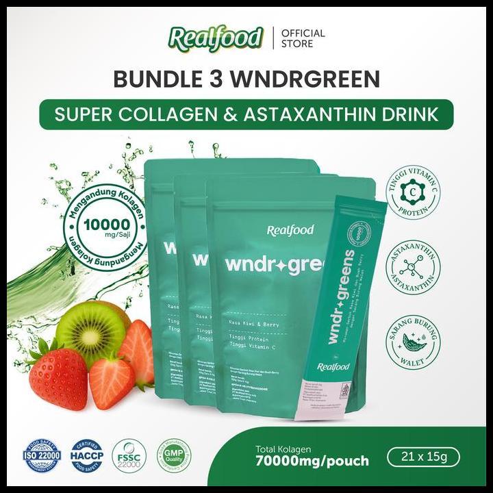 Realfood Wndrgreens Triple Pouch | Super Green Super Collagen Drink | Collagen 10000Mg | Bird'S Nest