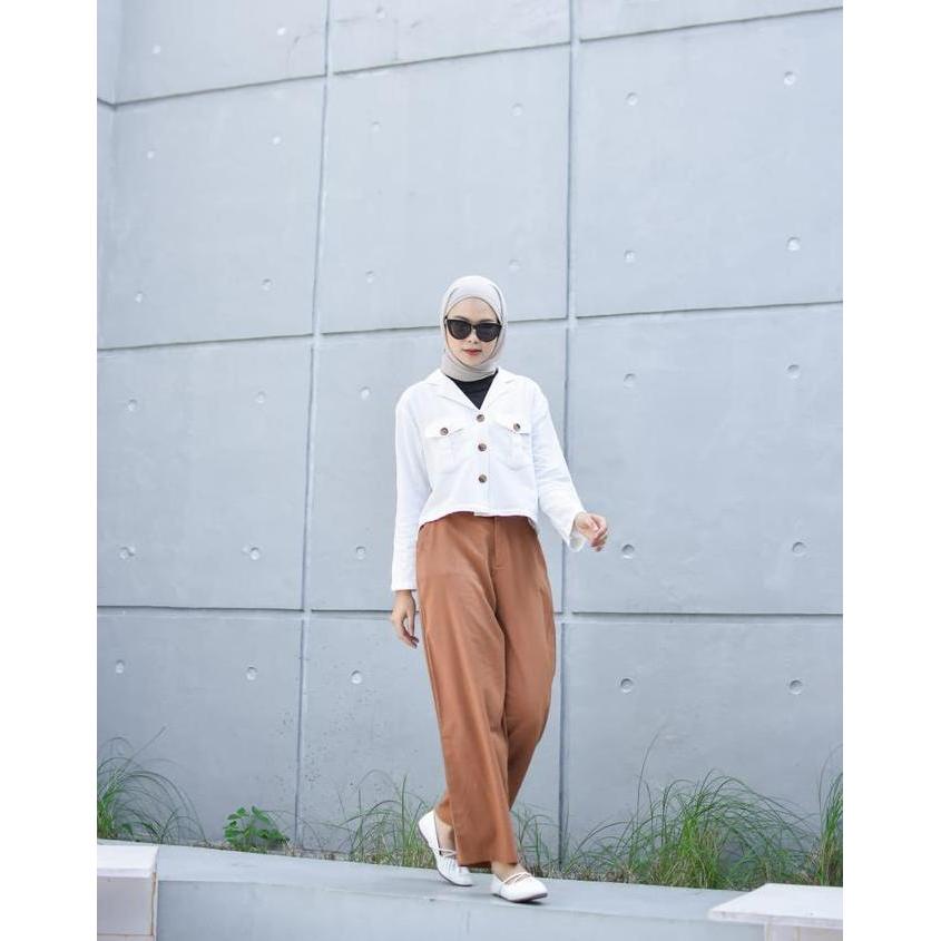 New- Kulot Linen Kringkel Putih Celana Kancing Panjang Wanita