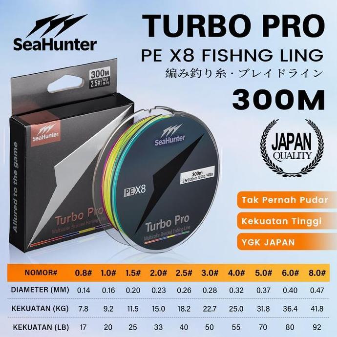 [OFFICIAL] SeaHunter Turbo Pro PE X8 300M Senar Pancing Jalinan Warna-warni,Kekuatan Tarik 7.8kg41.8