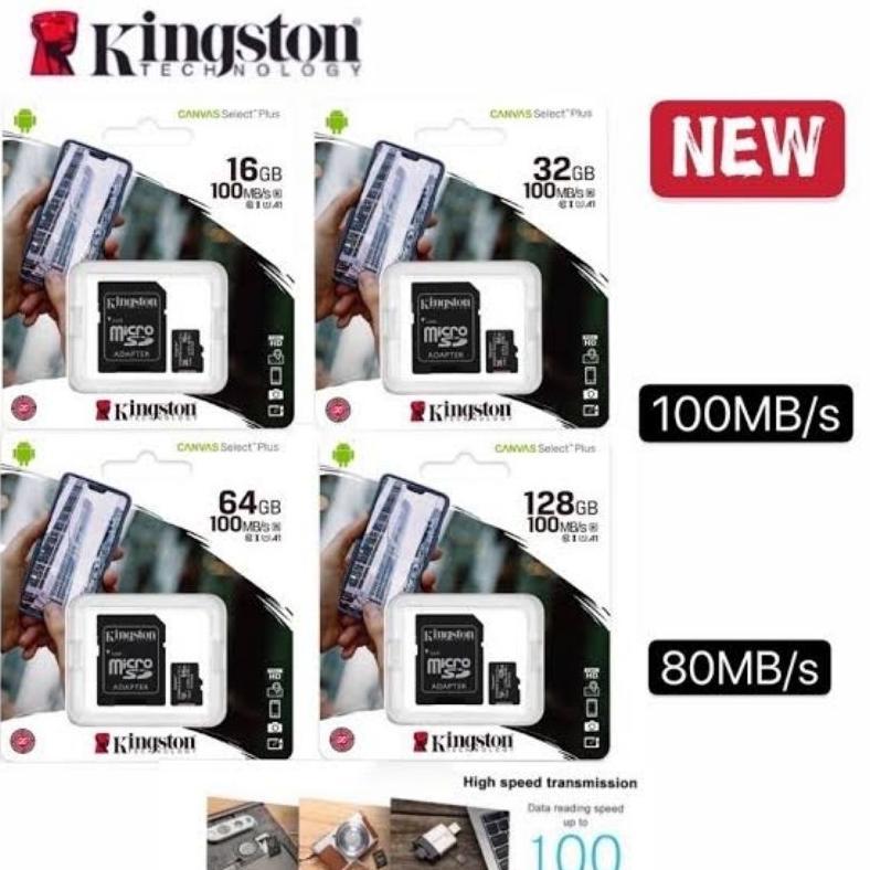 Kartu MicroSD Kingston Canvas Select Plus 16GB 32GB 64GB 128GB 256GB  100MB/s A1 MicroSDHC Class10
