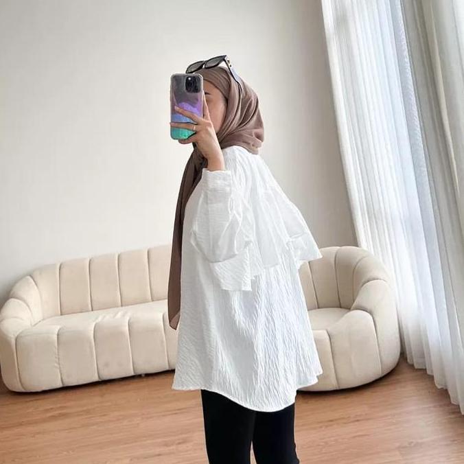 Bebasaja- M K Z _Top Blouse Back Layer/Kemeja Blouse Polo Linen Rempel Belakang Polos Wanita