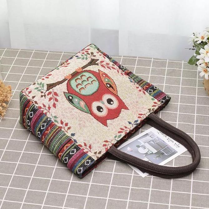 Lansungkirim- Tas Tangan Nita/Tas Etnik/Tas Bahan Kain Kanvas Motif Owl Nita