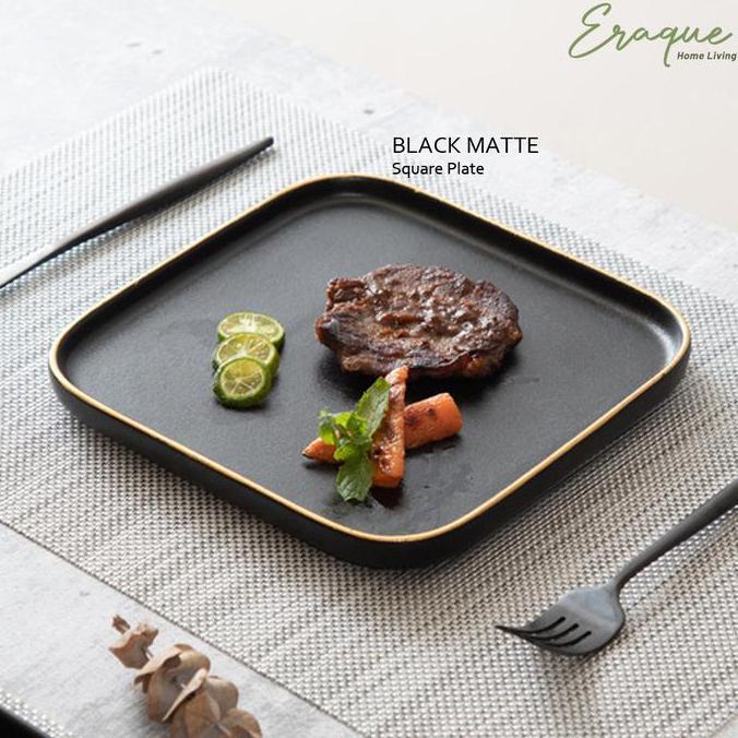 Nyam- Black Matte Square Gold Plate / Piring Saji Makan Steak Hitam Keramik Matte Kotak