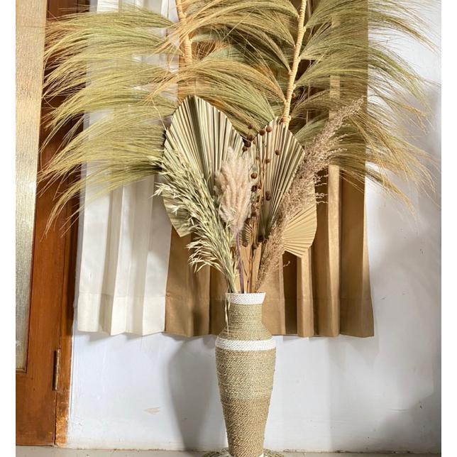 Paket Jumbo Bunga Kering Dan Pot Guci Tinggi 50Cm | Daun Palem Kering | Dekorasi Rustic | Dekorasi R