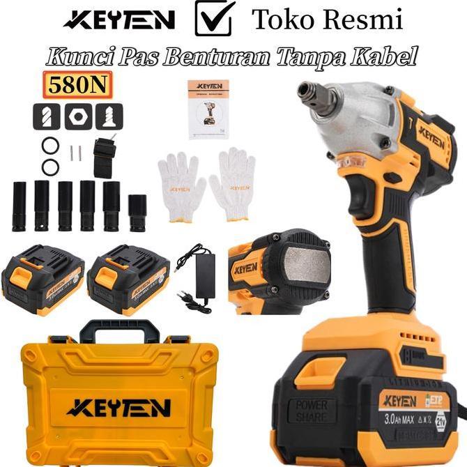 KEYTEN Impact Wrench Kunci Impact Tanpa Kabel 580 N.M Bor Elektrik Impact Bor Listrik Multi-Bit Kunc