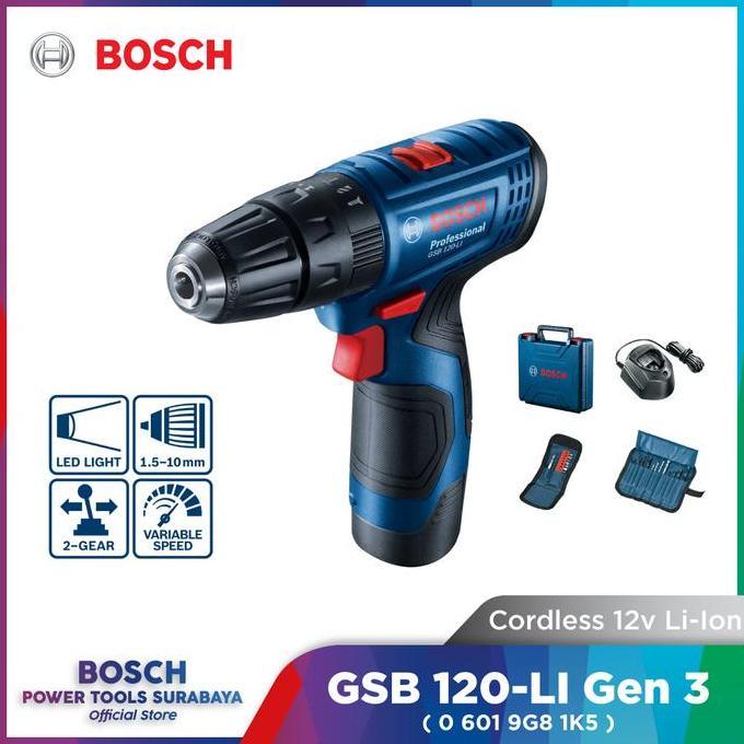 Mesin Bor Tembok 10mm Bosch GSB 120-LI Gen 3 + 23 Acc 1 Baterai GSB 120 (TERBAIK) (TERBARU) (TERMURA