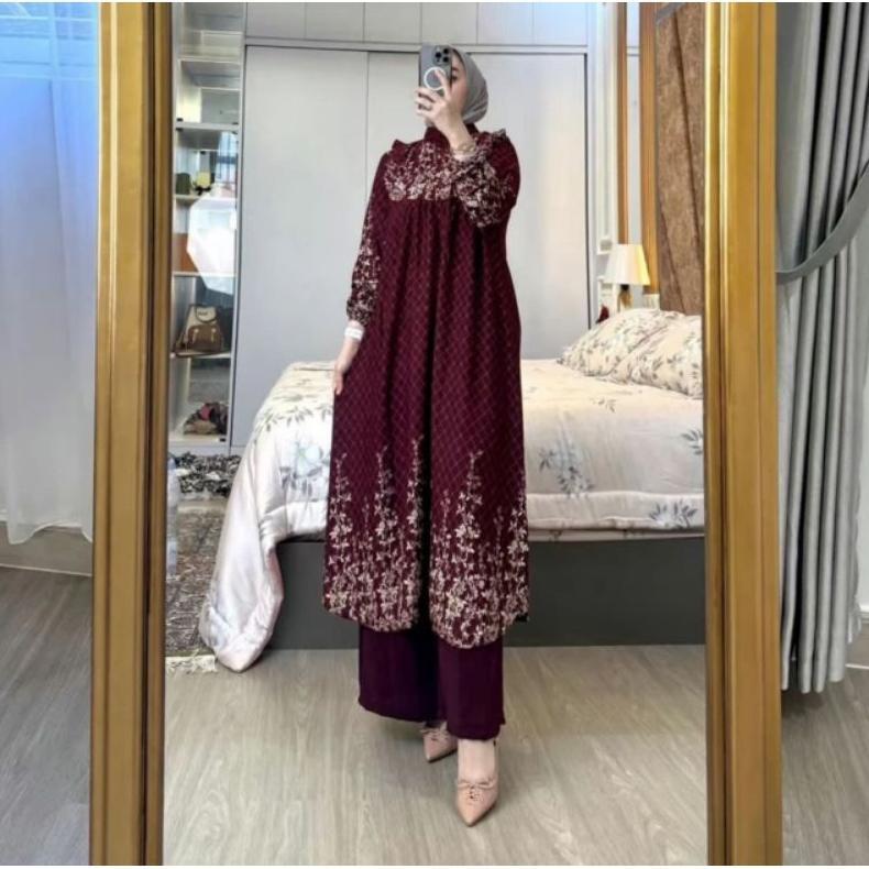 HOT DEALS Setelan Tunik Panjang Kirania// One Set Long Tunik Rayon Diamond Celana Kulot Crinkle Semi