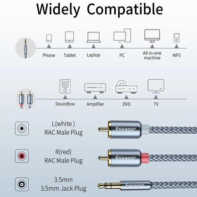 Voce- Kabel Rca Ke Jack Aux 3.5Mm - Kabel Audio Hifi 3.5Mm To Rca 2 Meter - Essager Av117