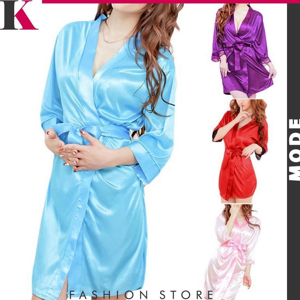 HOT PRODUCT Kimono Lingerie Set Bahan Satin Dengan Celana Dalam Wanita Polos / Baju Tidur Sexy V Nec