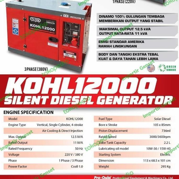 Genset Silent Diesel 12 Kva Proquip Kohl12000