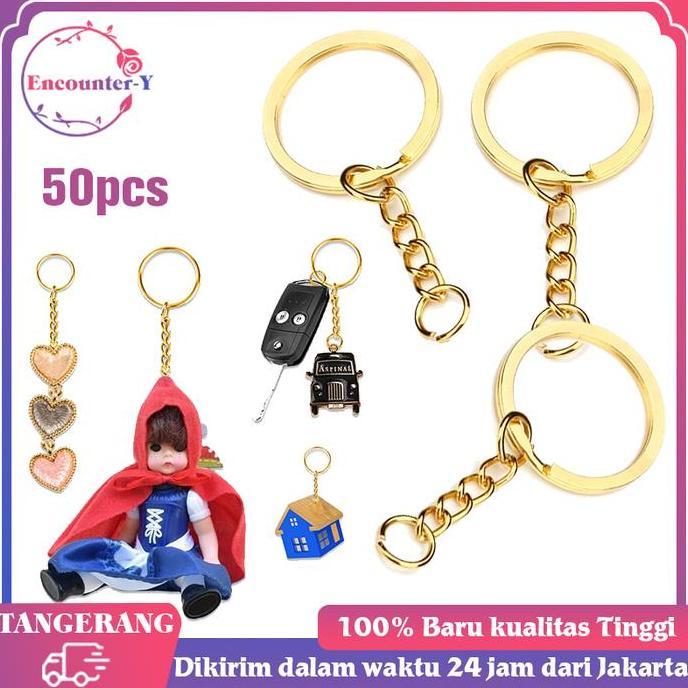Giftyou- 50Pcs Ring Gantungan Kunci 5 Mm Ring Ganci Emas Keychain Gepeng Pipih