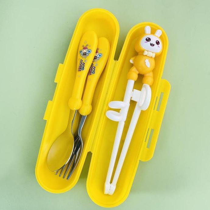 Enau- Set Alat Makan Stainless 4 In 1/ Set Sendok Garpu Sumpit Anak Free Tempat /Sendok Sumpit Latih