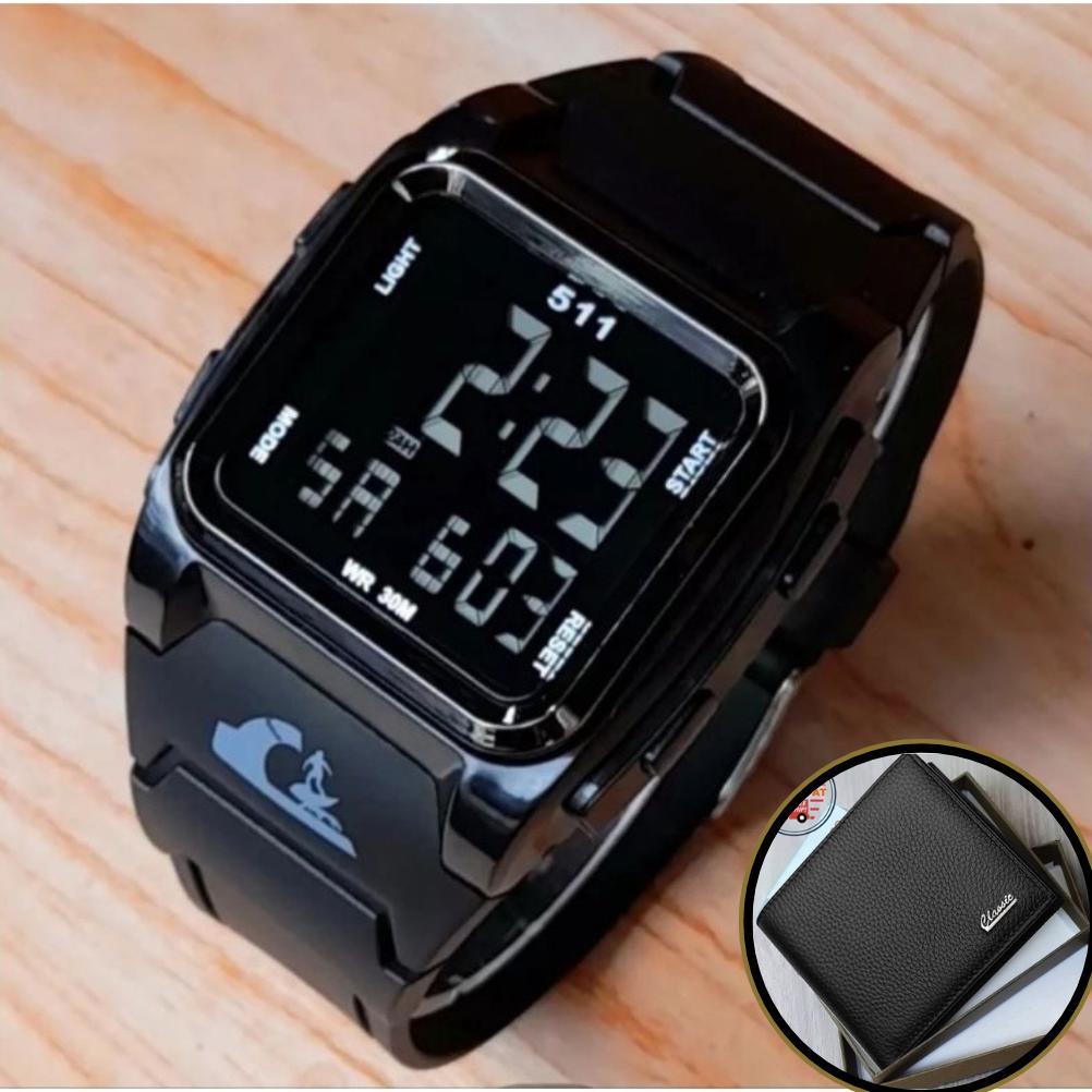 GARANSI TERMURAH DI SHOPEE - Jam Tangan Pria Quiksilver Anti Air Digital Segi Kotak Strab Rubber + d