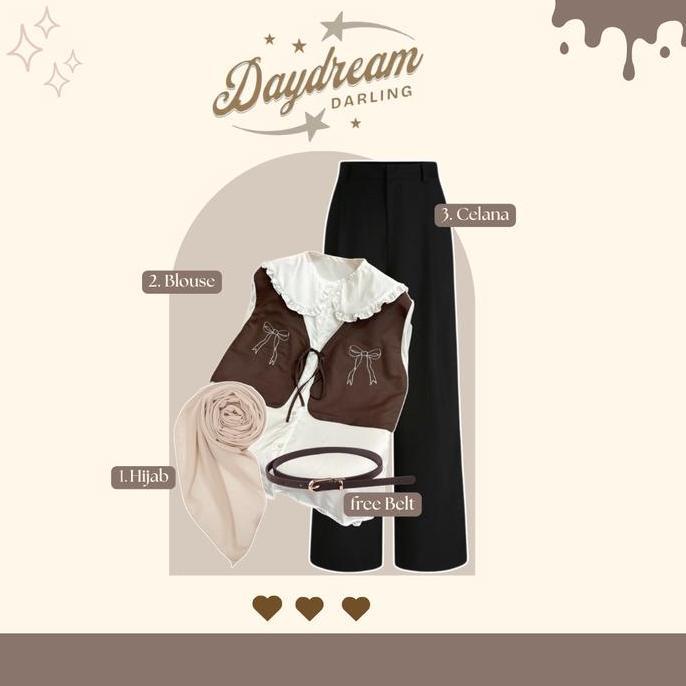 LIMITED EDITION  One Set Kekinian Korean Style | Blouse Rompi Pita + Celana Kulot + Hijab Bella squa