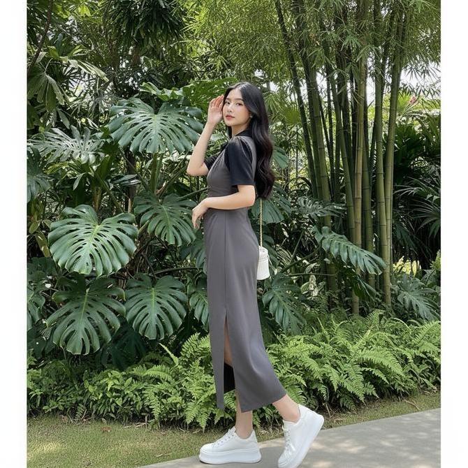 PREMIUM Dress Midi Kasual Wanita Hitam Abu Putih Fit Nyaman Belah Samping Pita Depan Bahan Spandek P