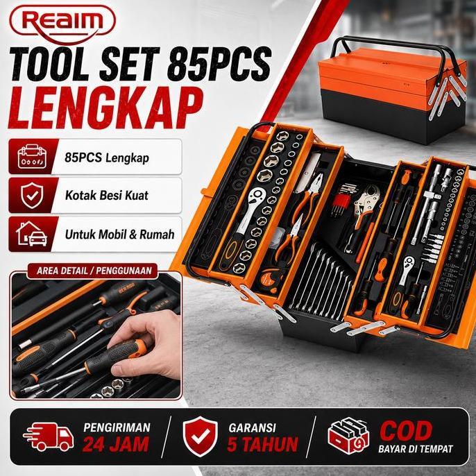Terlaris Reaim Tool Kit 85Pcs Set Perkakas Bengkel Mobil Motor Kunci Sok Metrik Kunci Ring Kunci Sho
