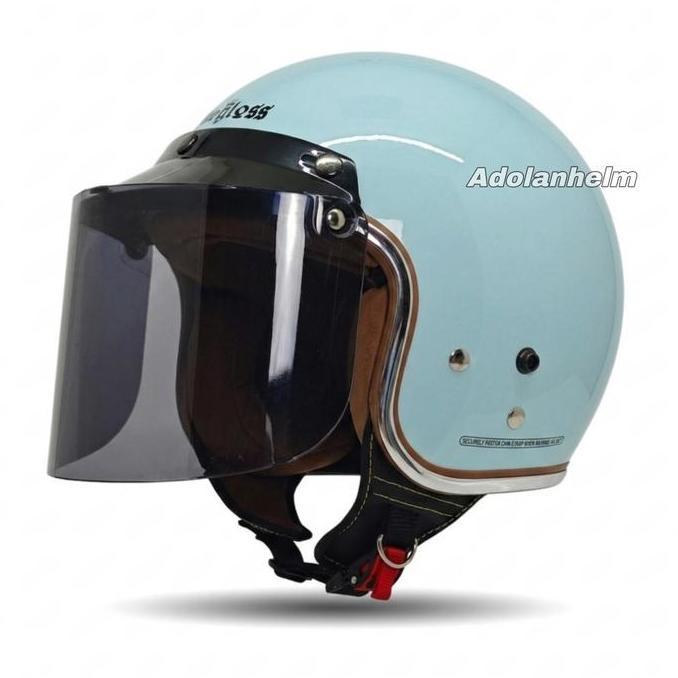 Helm Bogo Retro Ridegloss Classic Biru Telur Asin Muda Glossy - Helm Motor Open Face SNI Dewasa Pria