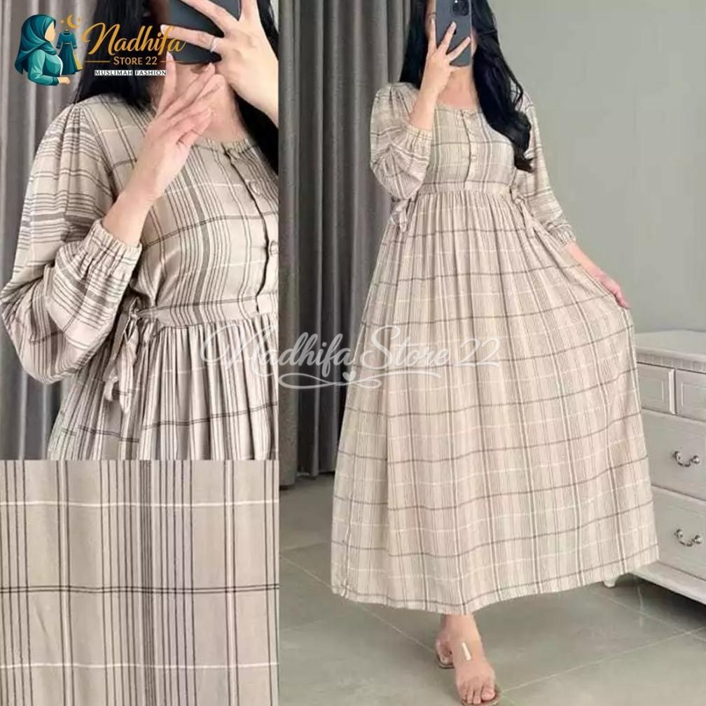Garansi Terlaris Midi Dress Motif Kotak Aluna Gamis Katun Jumbo Kekinian Lembut Halus Dan Nyaman Dip