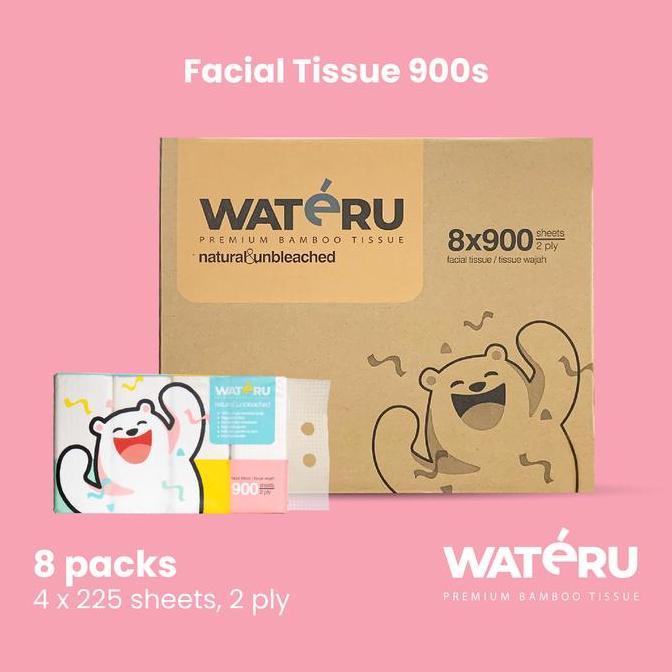 Wateru Facial Tissue 900s, 8 packs, 4 x 225 sheets | Natural&Unbleached | Wateru Premium Bamboo Tiss