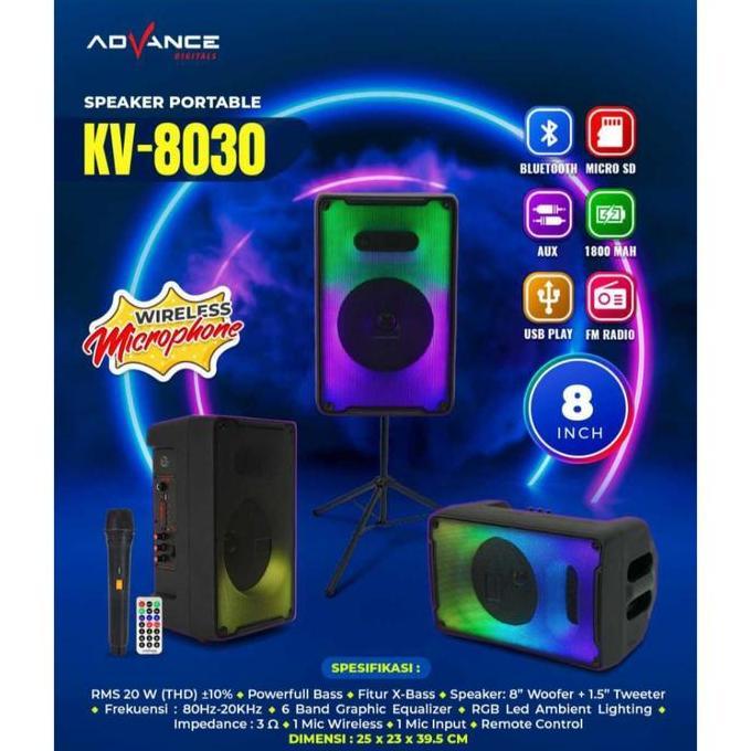 ADVANCE PORTABLE SPEAKER BLUETOOTH 8 INCH KV-8030 BONUS 1 MIC