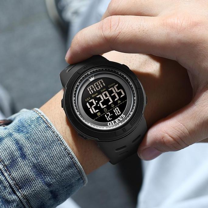 Clock- Olevs Jam Tangan Dital Pria Anti Air 50 Meter Multifungsi Led Alarm Men Tches Hitam With Kota