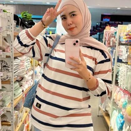 HOT DEALS FST  Kaos Oversize Wanita Garis Katun Premium Lengan 7/8 Jumbo T-Shirt Oversize Stripe Bel