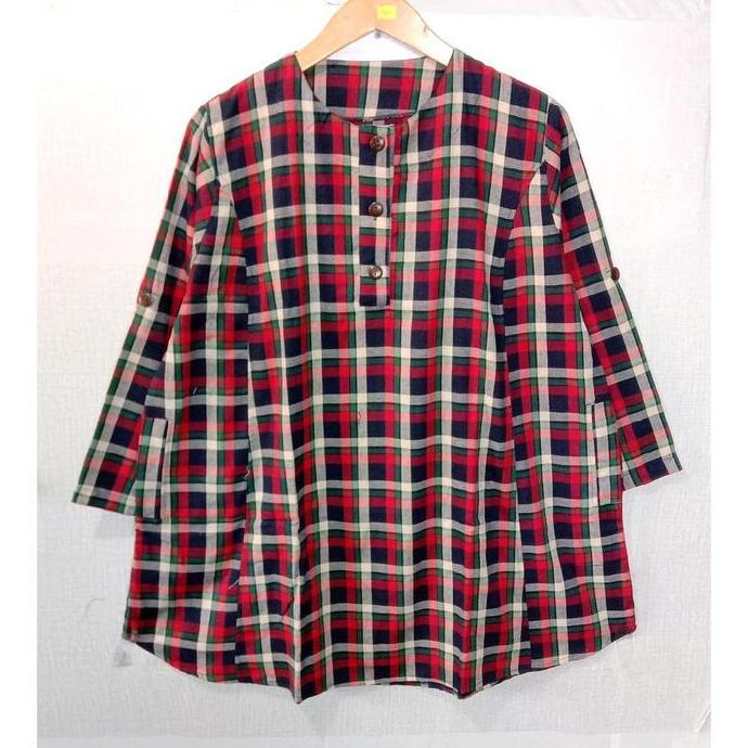 Atasan Muslimah Wanita - Baju Tunik Katun ld 130 Flanel Motif Kotak Lengan Panjang