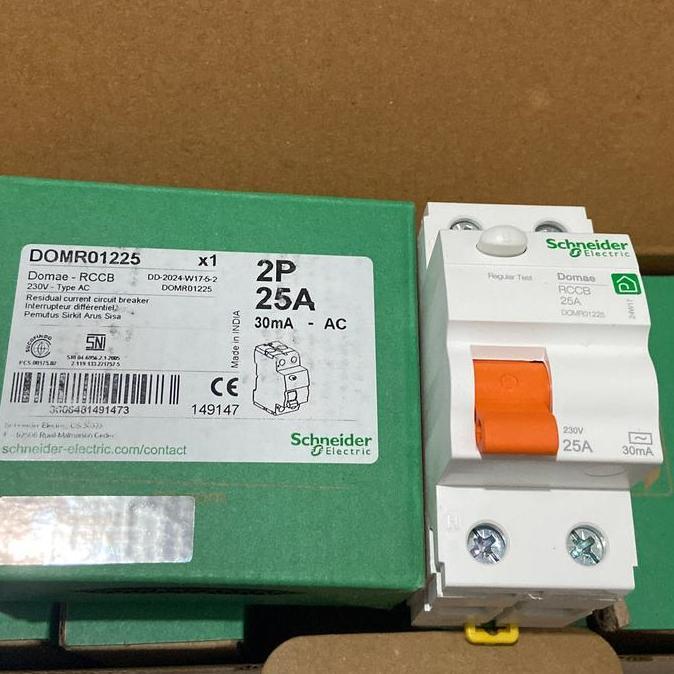 Schneider RCCB 2P 25A 30mA Domr01225 Alat Perlindungan Listrik Rumah Tangga & Gedung Kualitas Baik