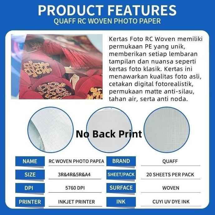 Quaff RC Woven Photo Paper 260gsm 20 Lembar [A4/5R/4R/3R] - Kertas Foto Resin Tahan Air & UV, Cetak 