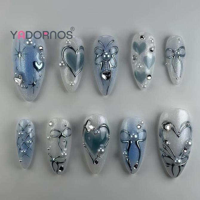 YADORNOS 24pcs - Kuku Palsu Biru Dingin dan Bermimpi - Lampu Bintang Mutiara Berlian Berlian Tiga Di