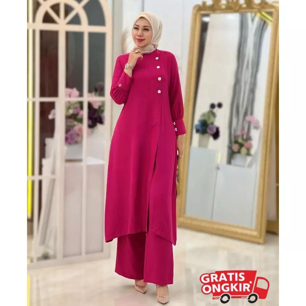 HOT SALE SETELAN CRINKEL AIRFLOW PREMIUM ADELINE SET WANITA TUNIK CELANA KULOT SAKU KANAN KANCING RE