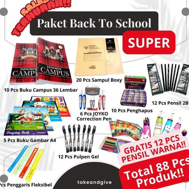 Paket Ba To School 88Pcs Gratis 12 Pcs Pensil Warna 10Pcs Buku Campus 5Pcs Buku Gambar A4 12Pcs Pulp