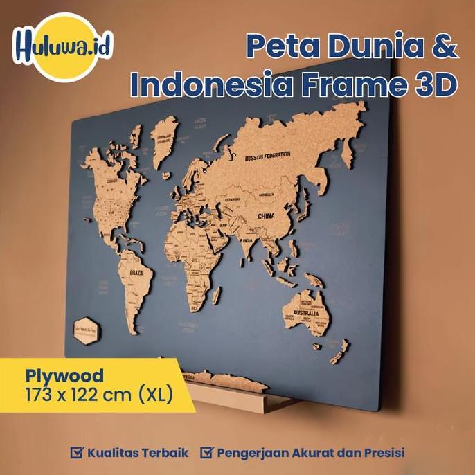 Peta Frame 3D / Peta Dunia & Indonesia Frame 3D / 3D Wall Map Decor Dinding