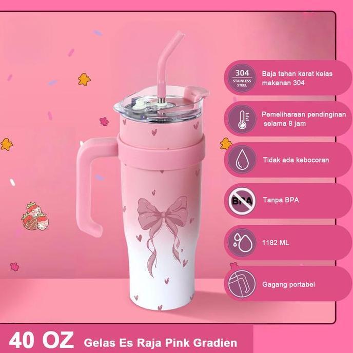 Pink Bow Hearts Termos Raksasa 40oz (1200ml) - Isolasi Vakum Baja Tahan Karat, Menjaga Suhu Panas/Di