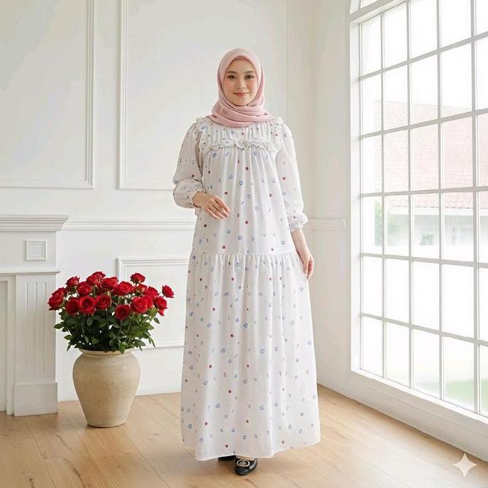 BAJU GAMIS HOMEDRESS WANITA MUSLIMAH JUMBO WARNA HITAM DAN PUTIH MOTIF BUNGA LD 120 Airflow Crinkle 