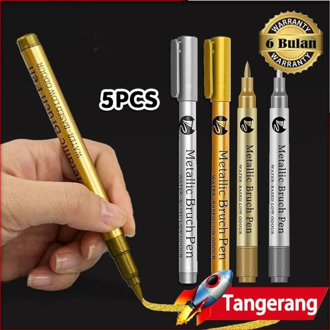 Escola - 5Pcs Spidol Emas Dan Silver Pulpen Tinta Emas Perak Marker Gold Silver